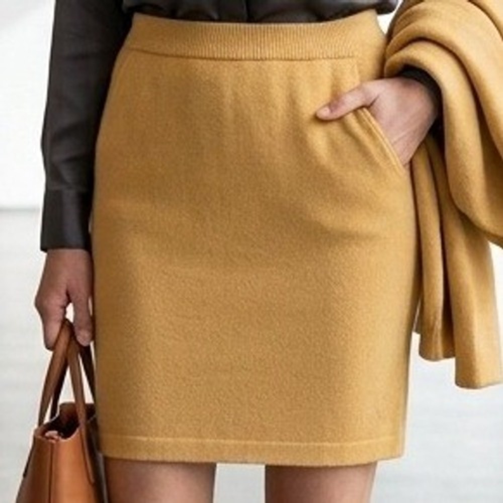 Vintage St John Collection Marie Gray Mustard Yellow Knit Pencil Skirt Size‎ 16